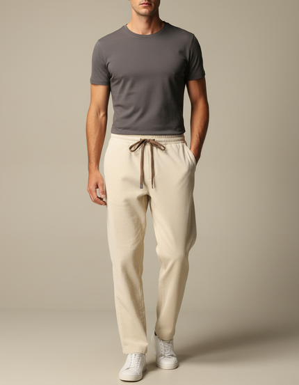 Pantalon Blanc Côtelé Décontracté Droit Homme - Beige Cordé