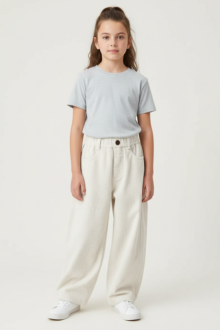 Pantalon Blanc Côtelé Ample Enfant Décontracté - Cordé