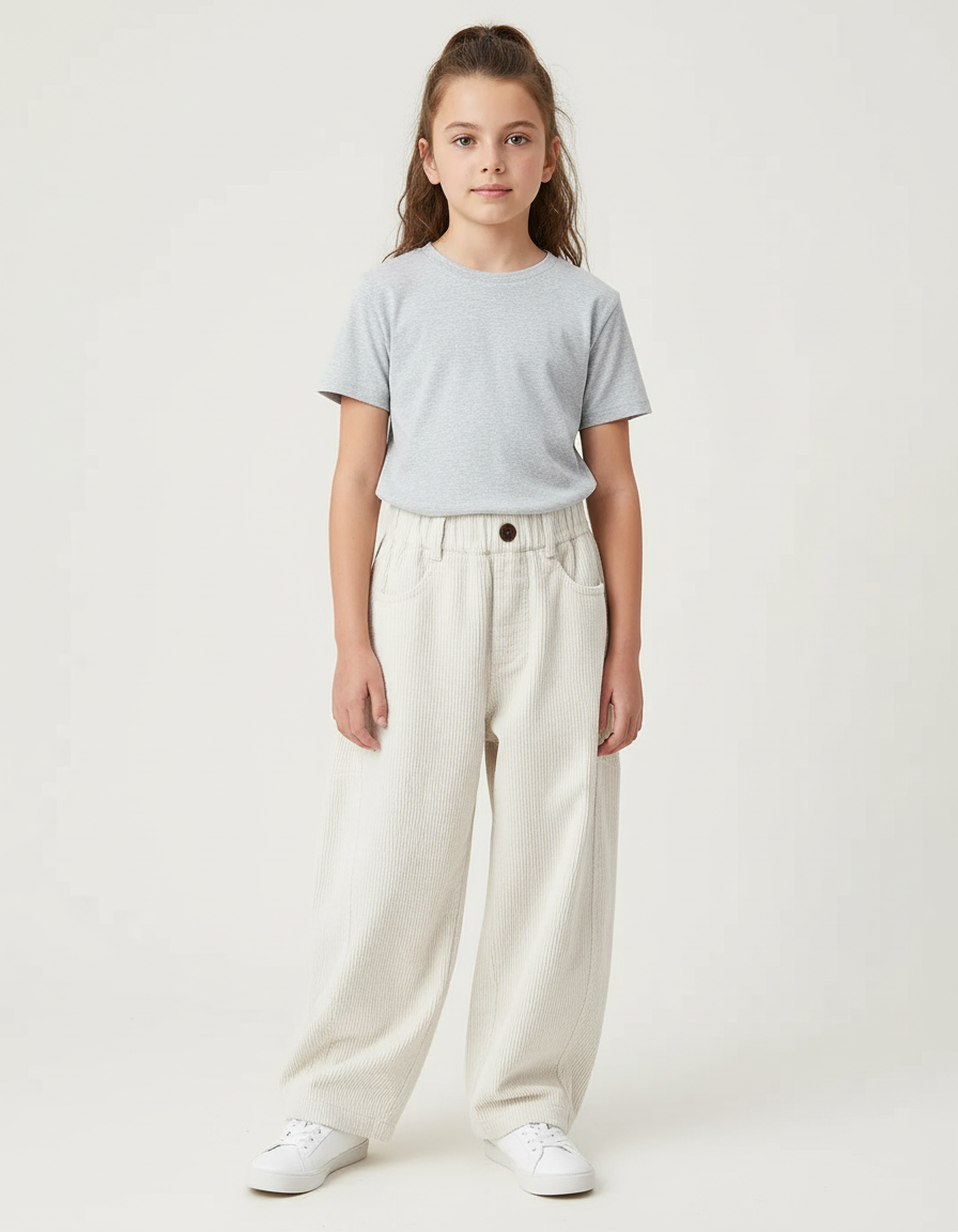 Pantalon Blanc Côtelé Ample Enfant Décontracté - Cordé