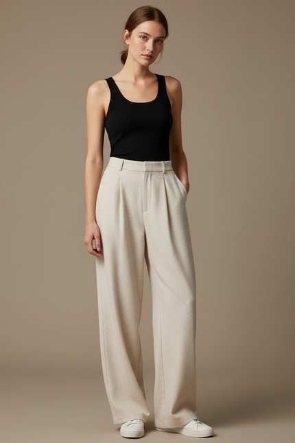 Pantalon Blanc Jambe Large - Beige Maille