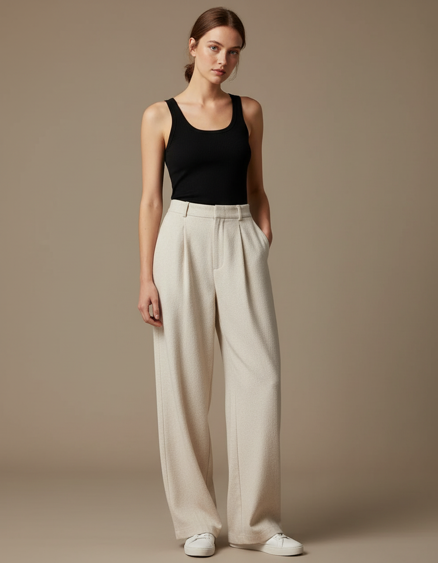 Pantalon Blanc Jambe Large - Beige Maille