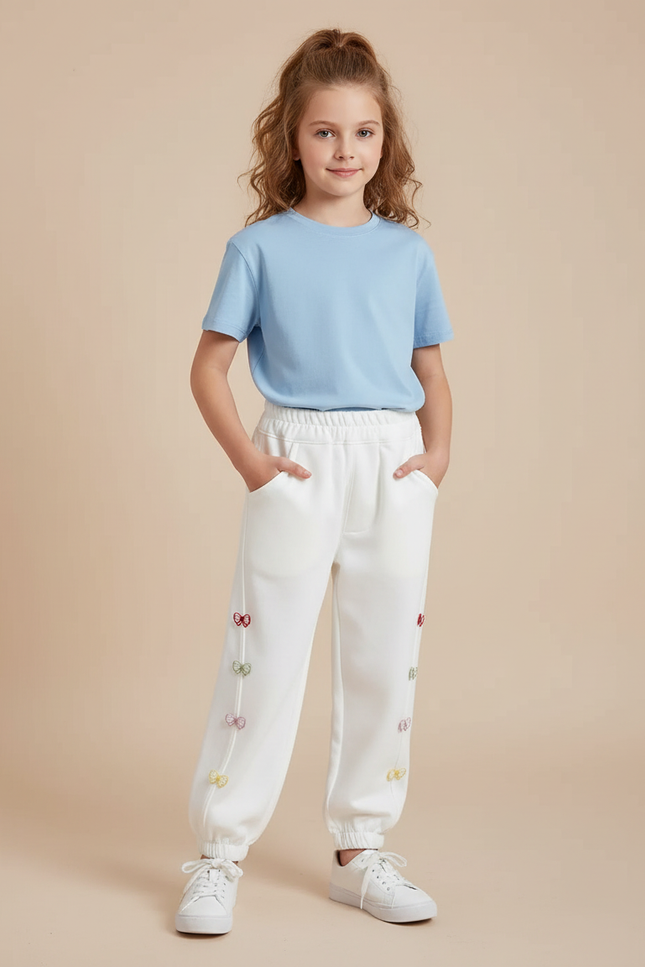 Pantalon Blanc Jogger Fille Papillons Colorés Décontracté - Molleton