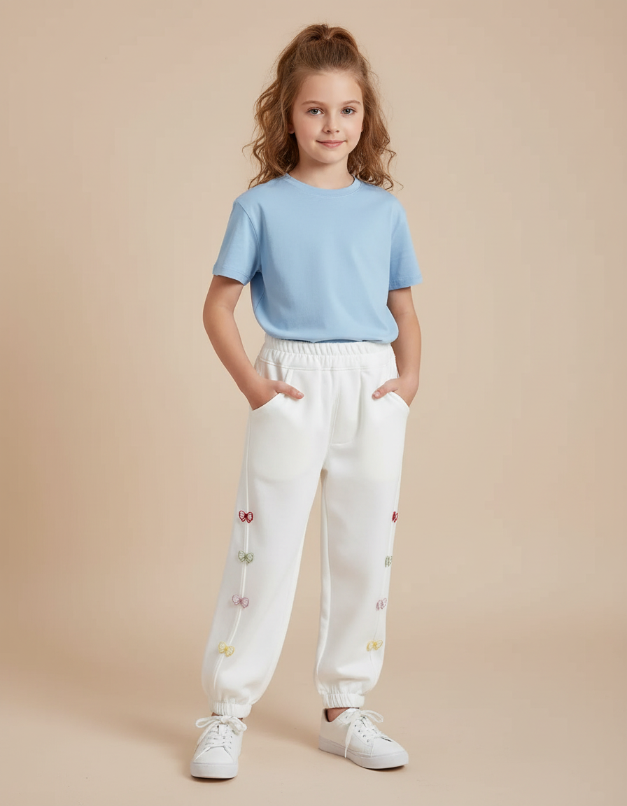 Pantalon Blanc Jogger Fille Papillons Colorés Décontracté - Molleton