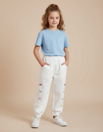 Pantalon Blanc Jogger Fille Papillons Colorés Décontracté - Molleton