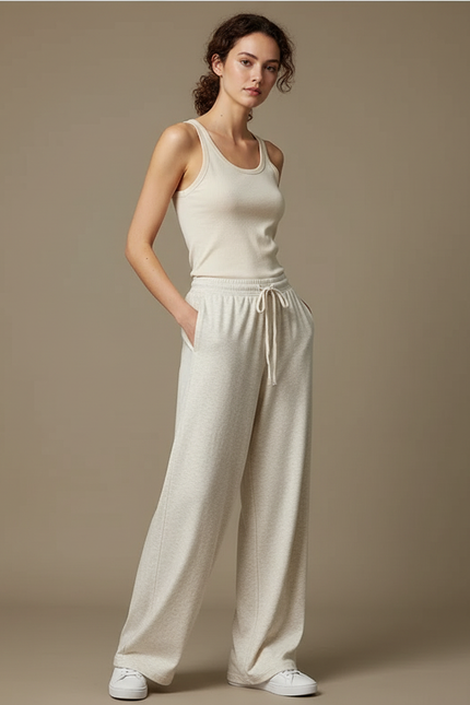 Pantalon Blanc Ample Molletonné Confortable Cordon Décontracté - Beige