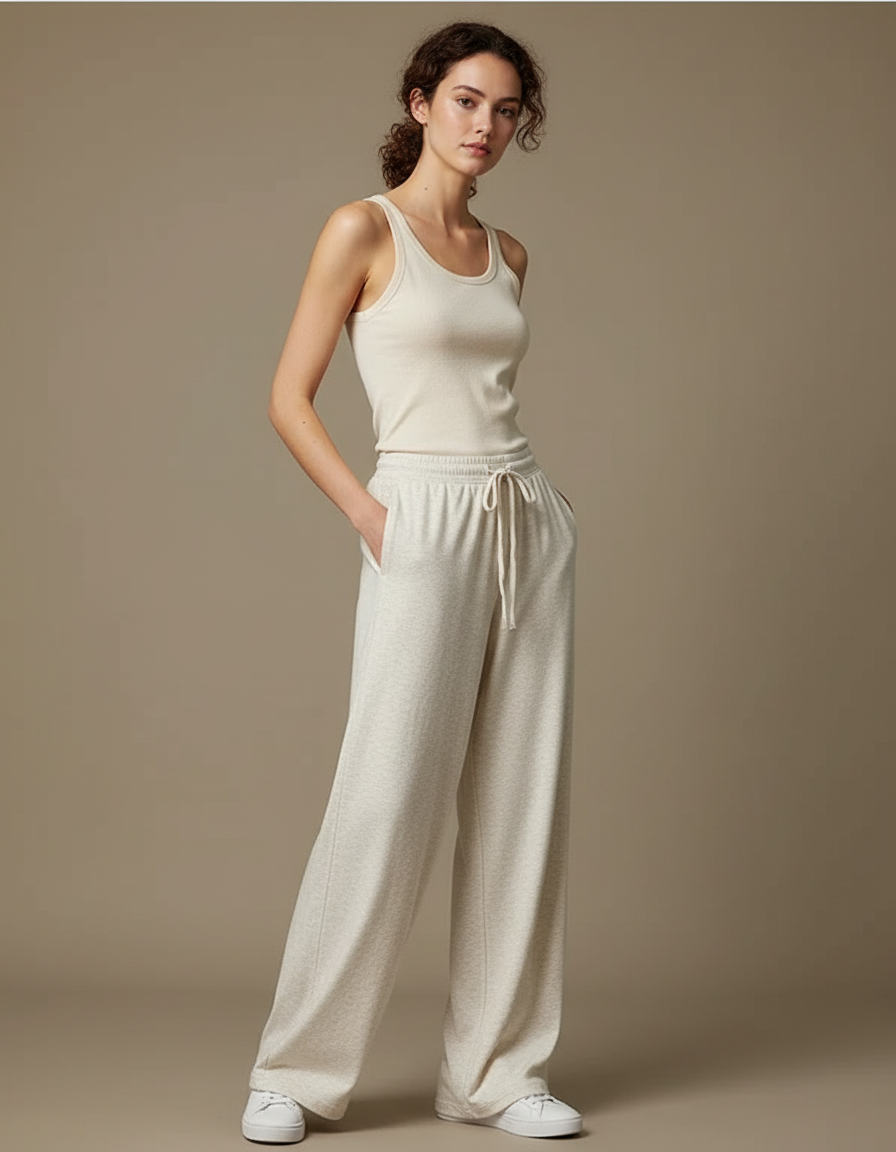 Pantalon Blanc Ample Molletonné Confortable Cordon Décontracté - Beige