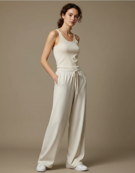 Pantalon Blanc Ample Molletonné Confortable Cordon Décontracté - Beige
