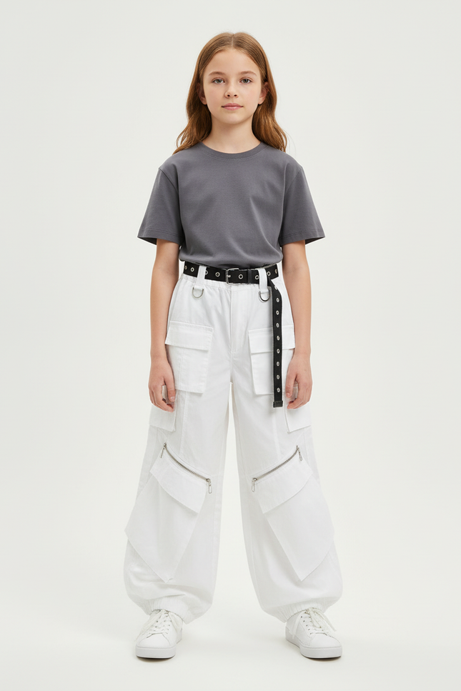 Pantalon Blanc Cargo Ample Poches Zippées Fille - Toile