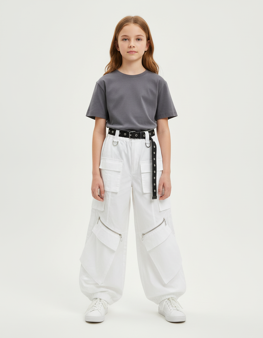 Pantalon Blanc Cargo Ample Poches Zippées Fille - Toile