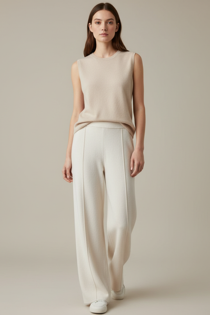Pantalon Blanc Laine Cachemire Ample Décontracté