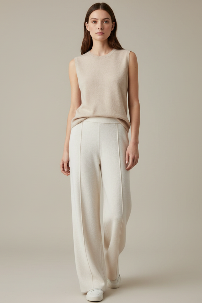 Pantalon Blanc Laine Cachemire Ample Décontracté