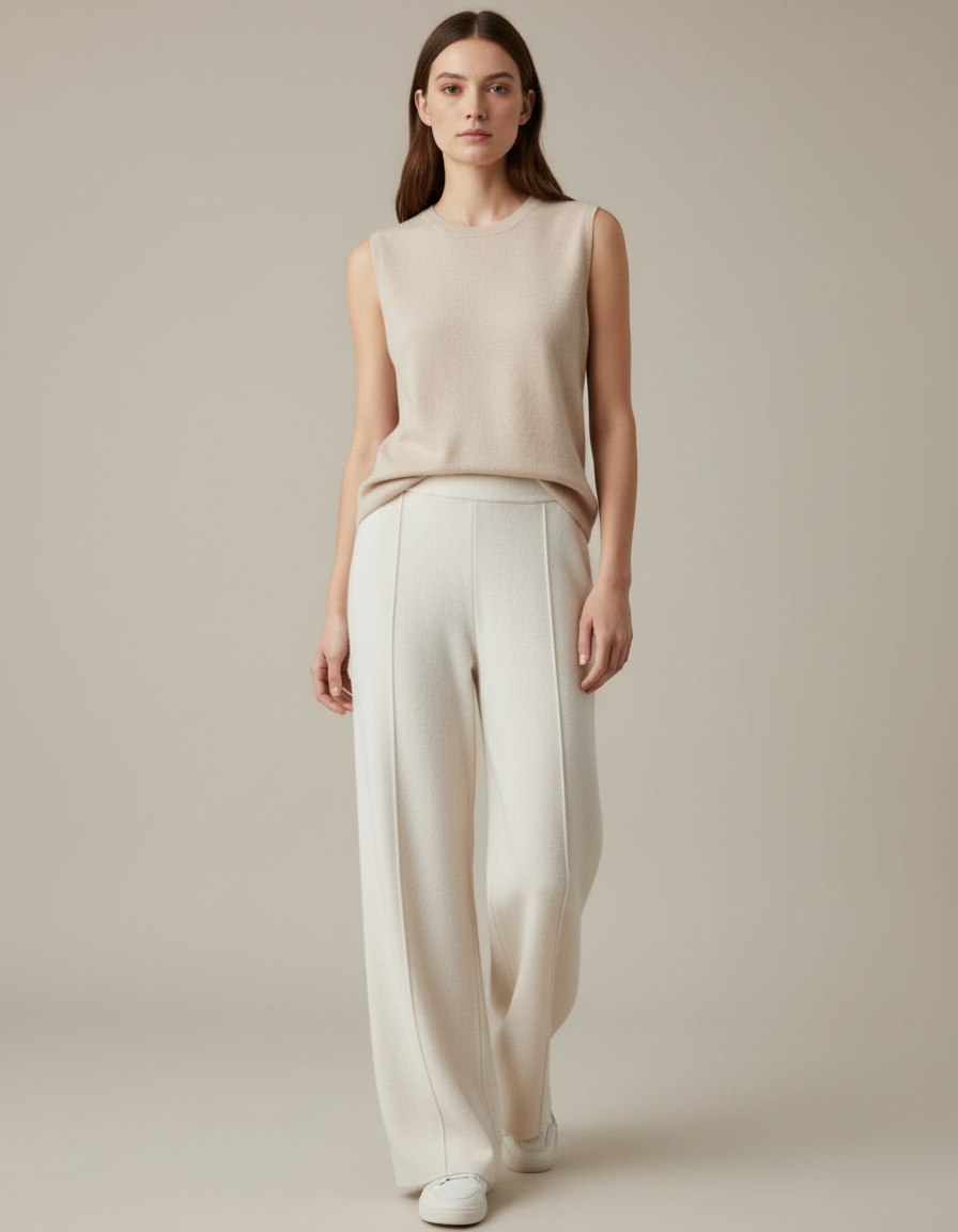 Pantalon Blanc Laine Cachemire Ample Décontracté