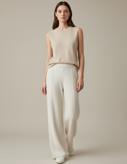 Pantalon Blanc Laine Cachemire Ample Décontracté