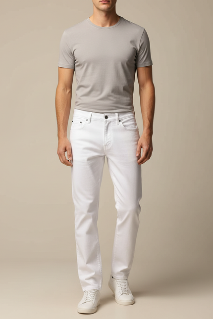 Pantalon Blanc Coton Droit Homme Décontracté Stretch - Jean