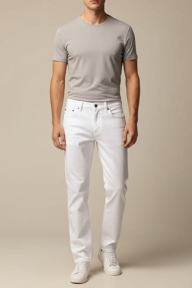 Pantalon Blanc Coton Droit Homme Décontracté Stretch - Jean