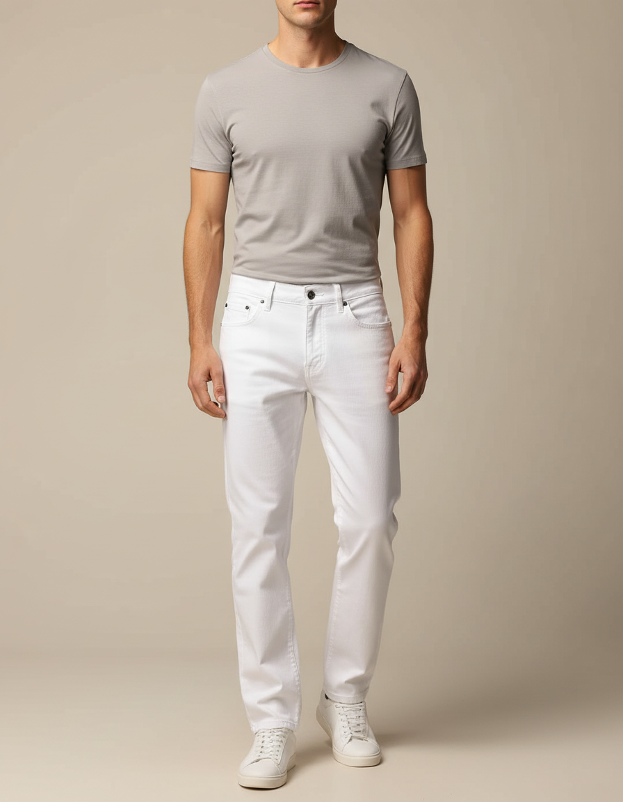 Pantalon Blanc Coton Droit Homme Décontracté Stretch - Jean