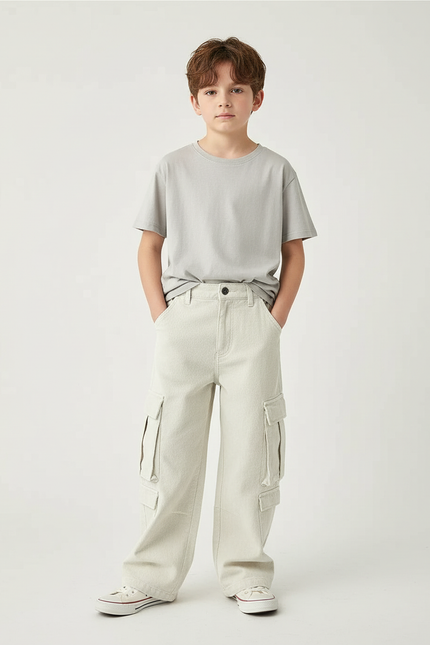 Pantalon Blanc Cargo Ample Coton Garçon Décontracté - Beige Jean