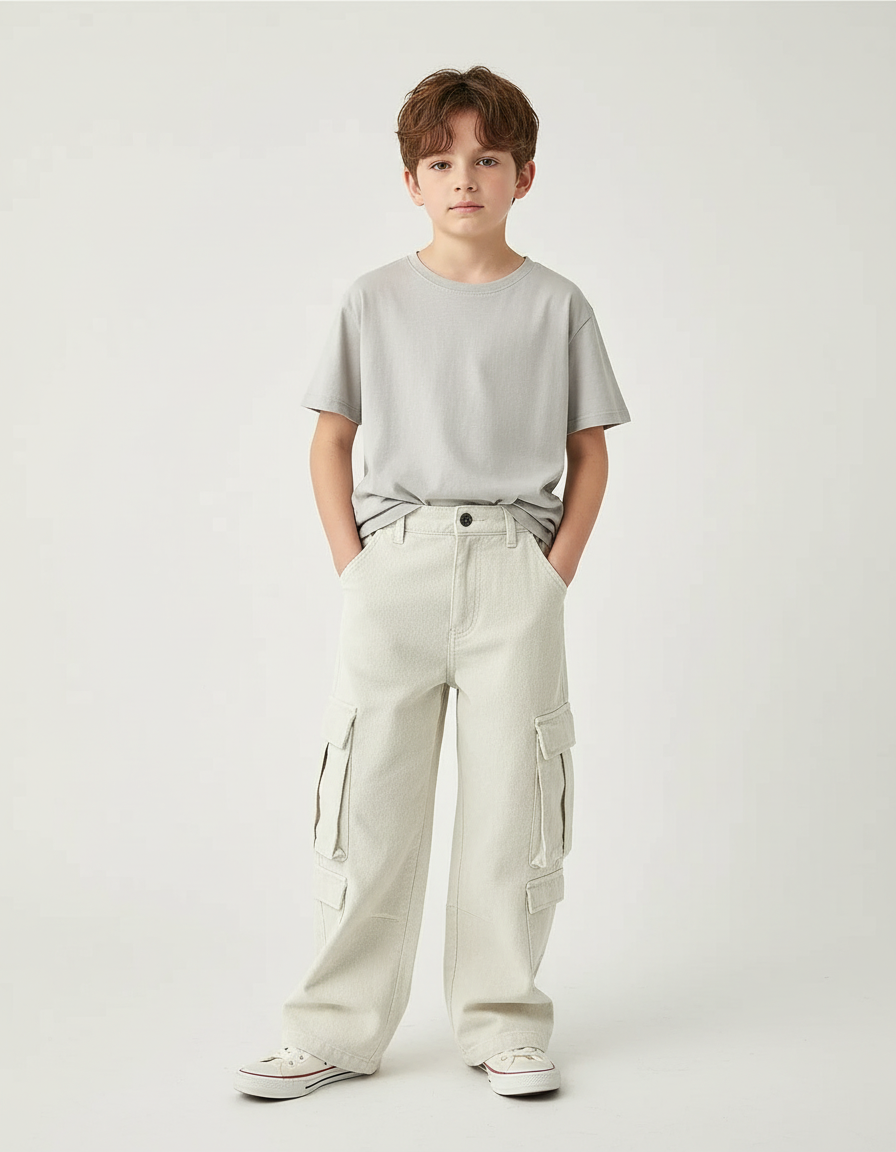 Pantalon Blanc Cargo Ample Coton Garçon Décontracté - Beige Jean