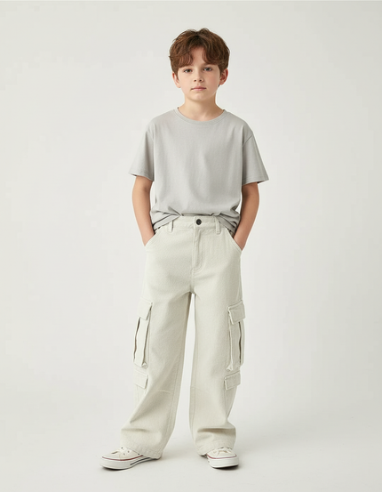 Pantalon Blanc Cargo Ample Coton Garçon Décontracté - Beige Jean