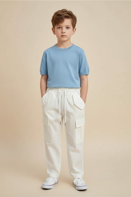 Pantalon Blanc Cargo Ample Coton Décontracté Enfant