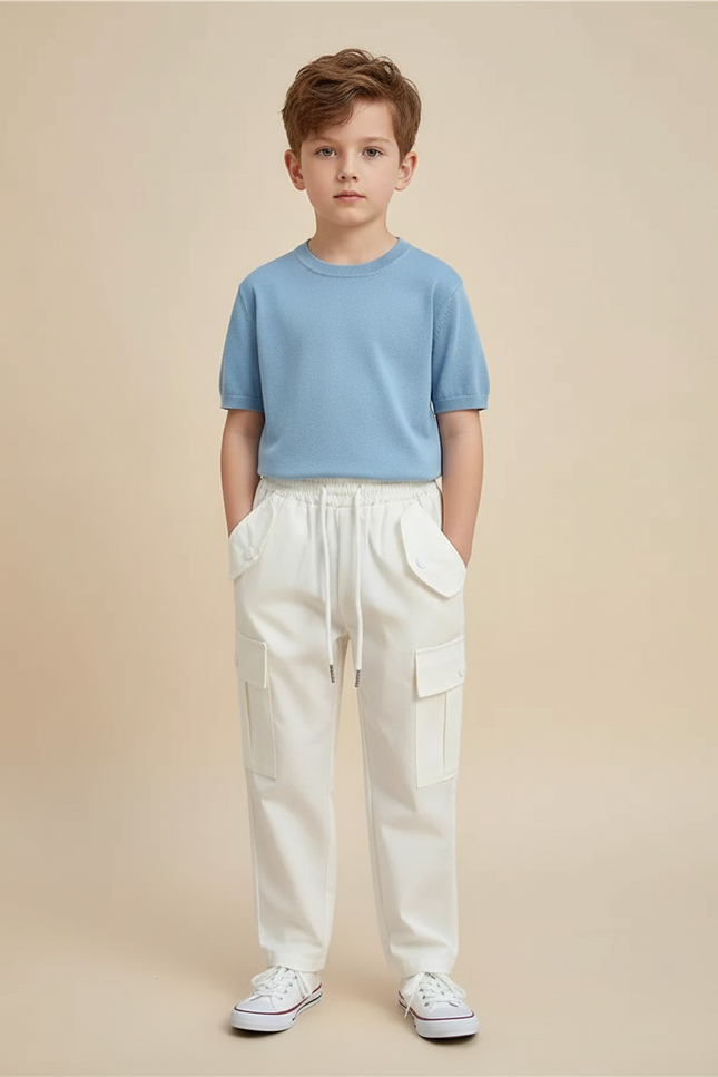 Pantalon Blanc Cargo Ample Coton Décontracté Enfant