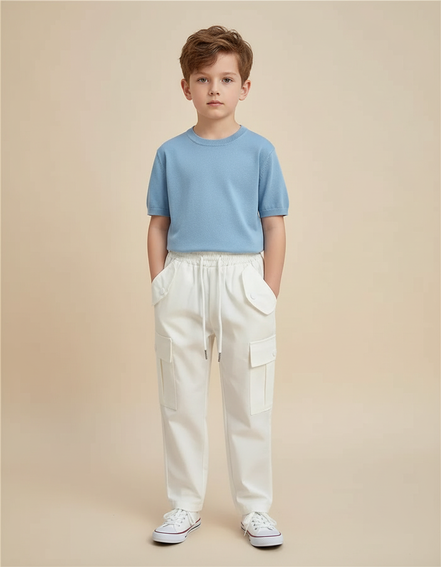 Pantalon Blanc Cargo Ample Coton Décontracté Enfant