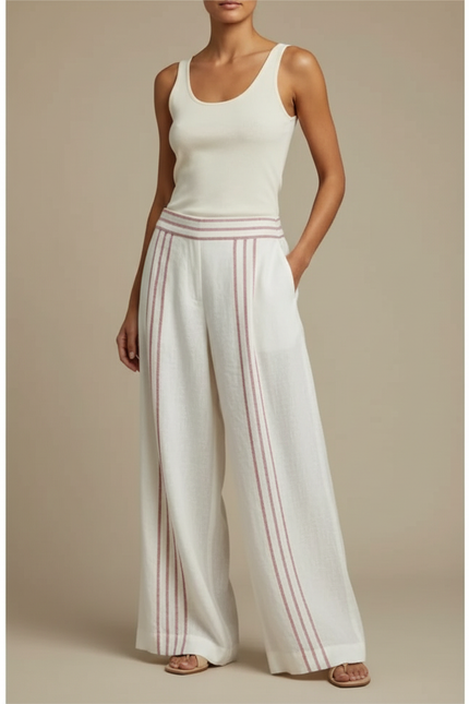 Pantalon En Lin Rayé Rose Et Blanc
