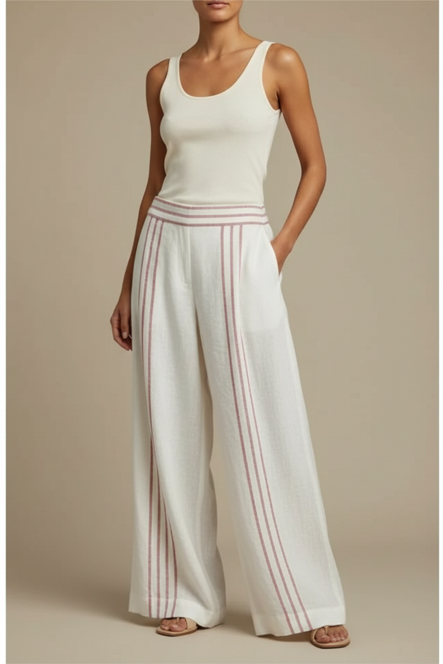 Pantalon En Lin Rayé Rose Et Blanc