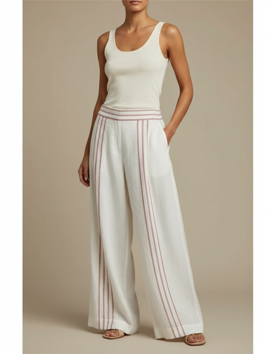 Pantalon En Lin Rayé Rose Et Blanc