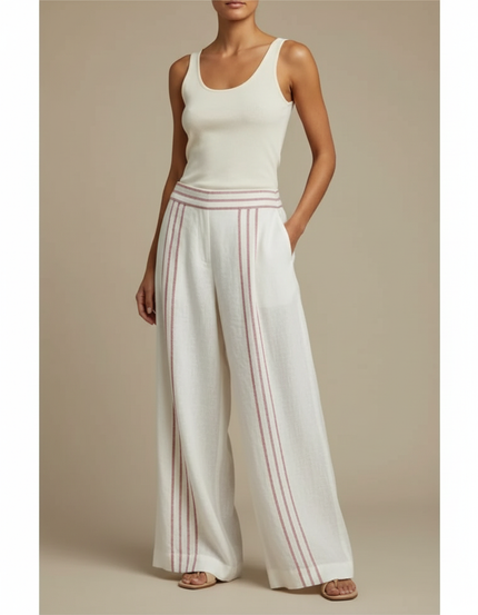 Pantalon En Lin Rayé Rose Et Blanc