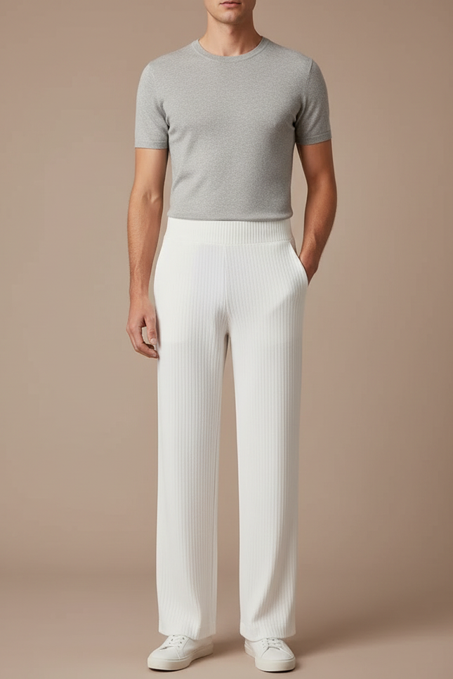 Pantalon Blanc Côtelé Droit Ample Décontracté Homme - Maille