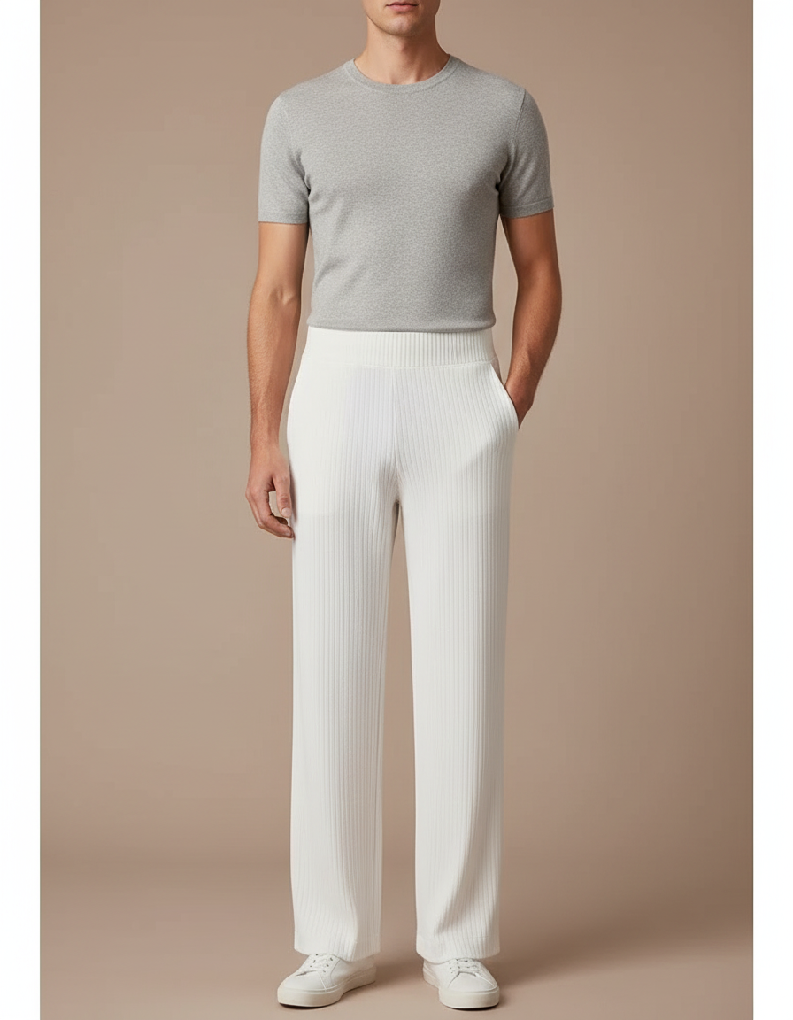 Pantalon Blanc Côtelé Droit Ample Décontracté Homme - Maille