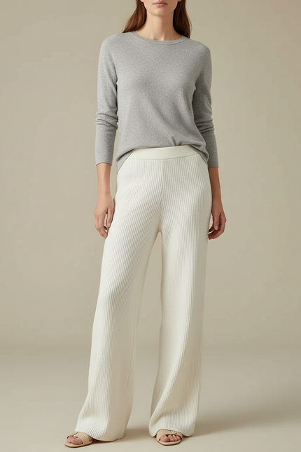Pantalon Blanc Côtelé Ample Décontracté Femme Élégant - Maille