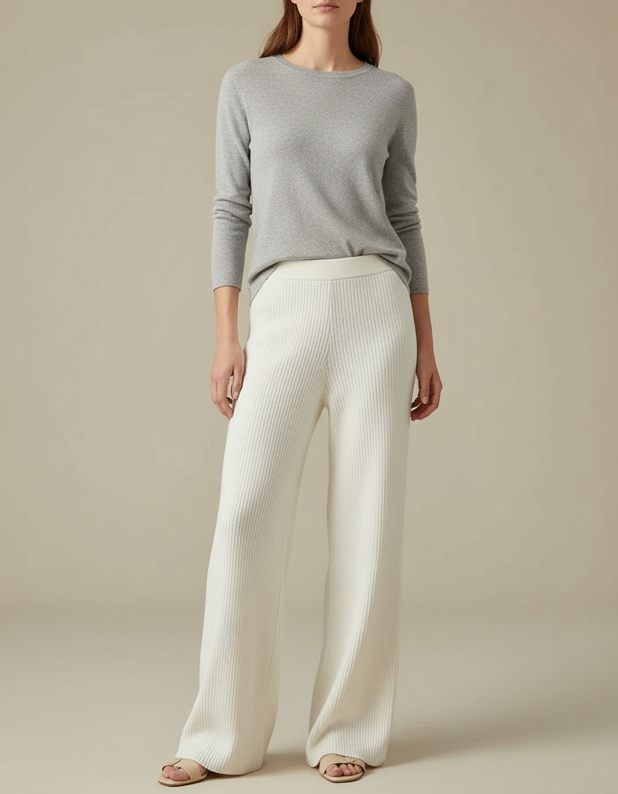 Pantalon Blanc Côtelé Ample Décontracté Femme Élégant - Maille