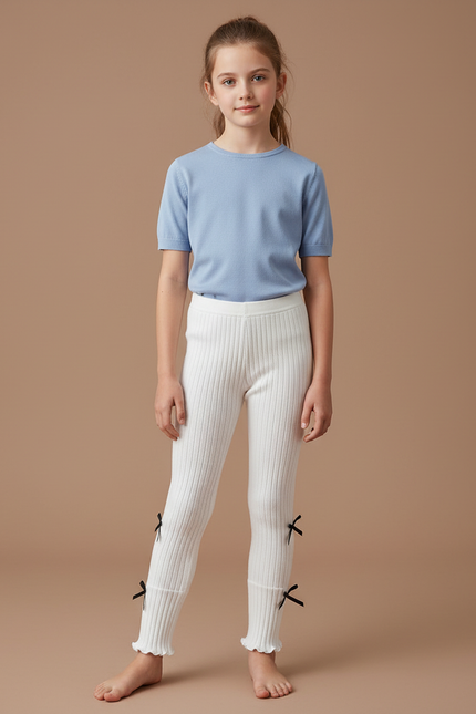 Pantalon Blanc Côtelé Fille Nœuds Mignons - Maille