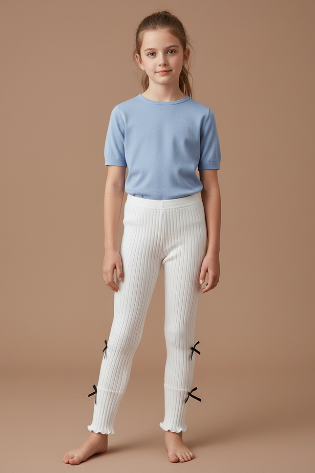 Pantalon Blanc Côtelé Fille Nœuds Mignons - Maille