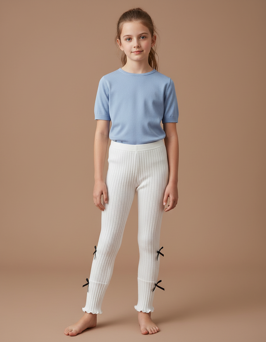 Pantalon Blanc Côtelé Fille Nœuds Mignons - Maille