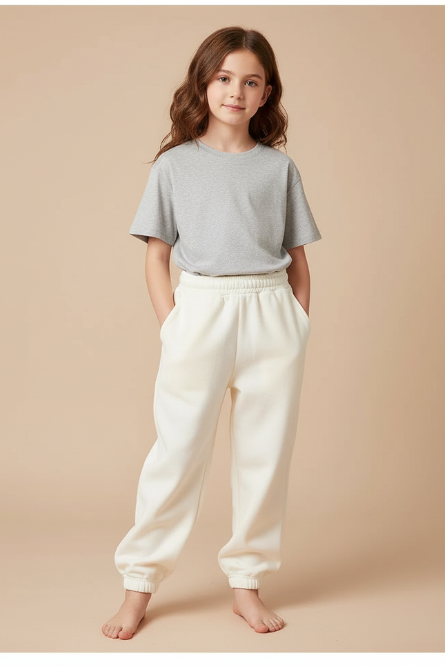 Pantalon Blanc Molletonné Confortable Élastique Enfant - Beige