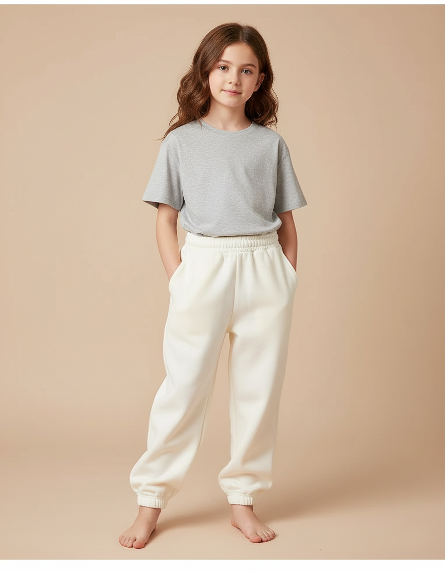 Pantalon Blanc Molletonné Confortable Élastique Enfant - Beige