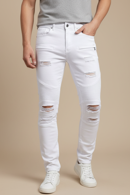 Pantalon Blanc Homme Slim Effiloché Motard Décontracté - Jean
