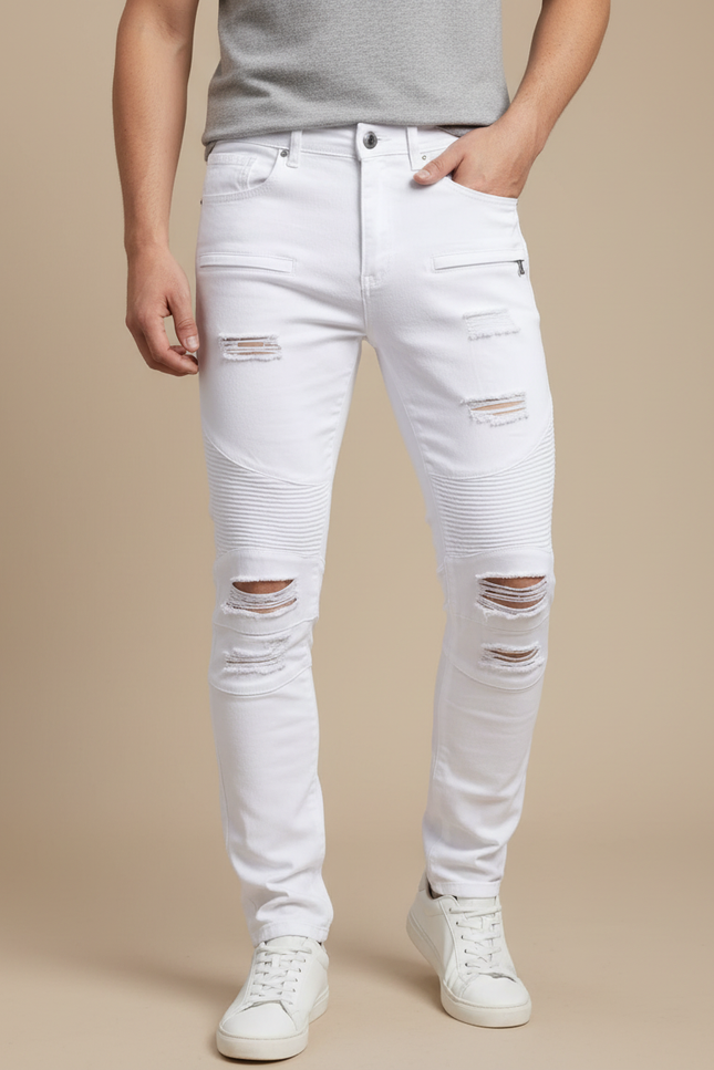 Pantalon Blanc Homme Slim Effiloché Motard Décontracté - Jean
