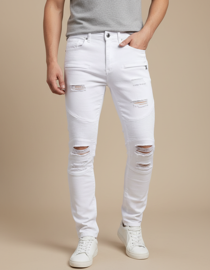 Pantalon Blanc Homme Slim Effiloché Motard Décontracté - Jean