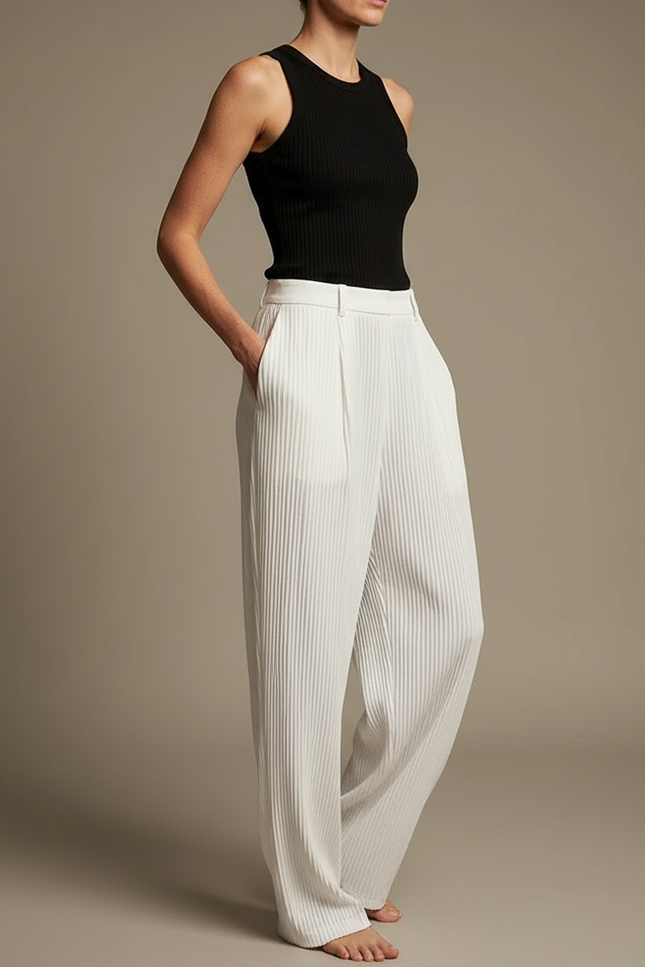 Pantalon Blanc Plissé Ample Élégant Fluide Femme - Polyester