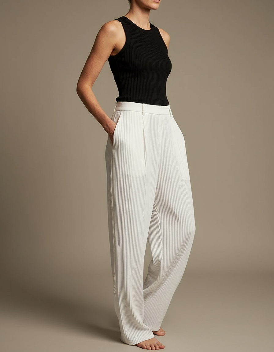 Pantalon Blanc Plissé Ample Élégant Fluide Femme - Polyester