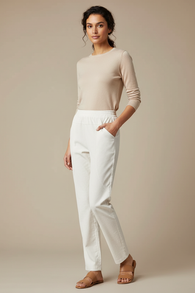 Pantalon Cigarette Blanc Femme - Cordé