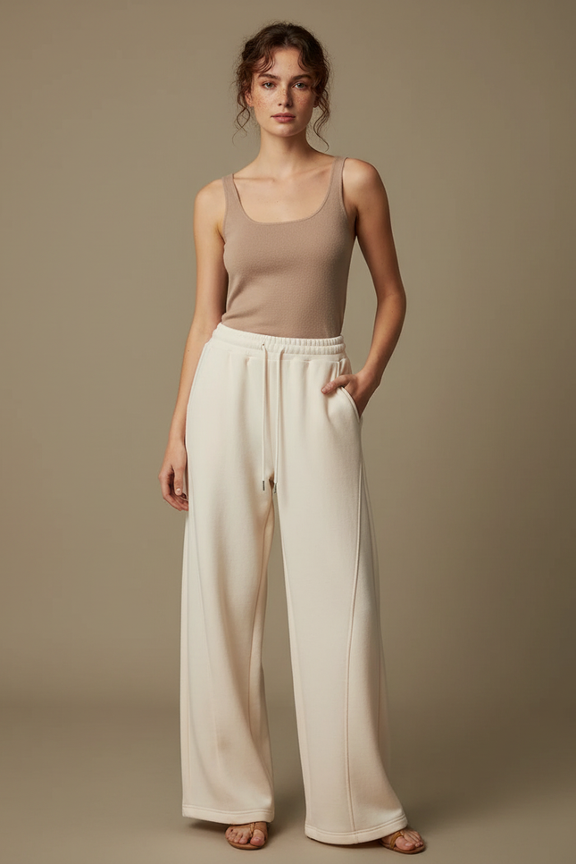 Pantalon Blanc Large Molletonné Cordon Décontracté