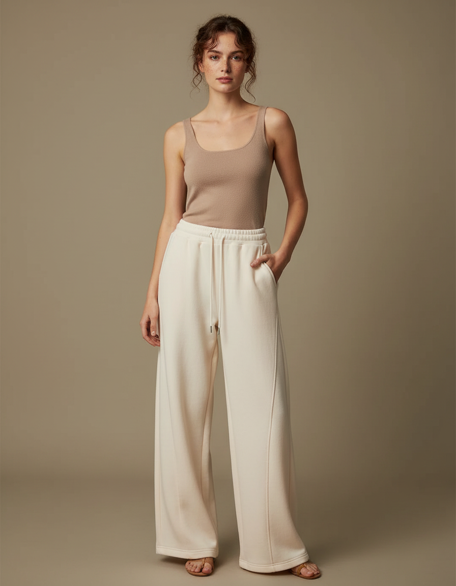 Pantalon Blanc Large Molletonné Cordon Décontracté