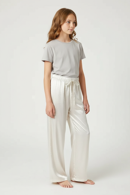 Pantalon Blanc Satiné Ample Fluide Cordon Fille