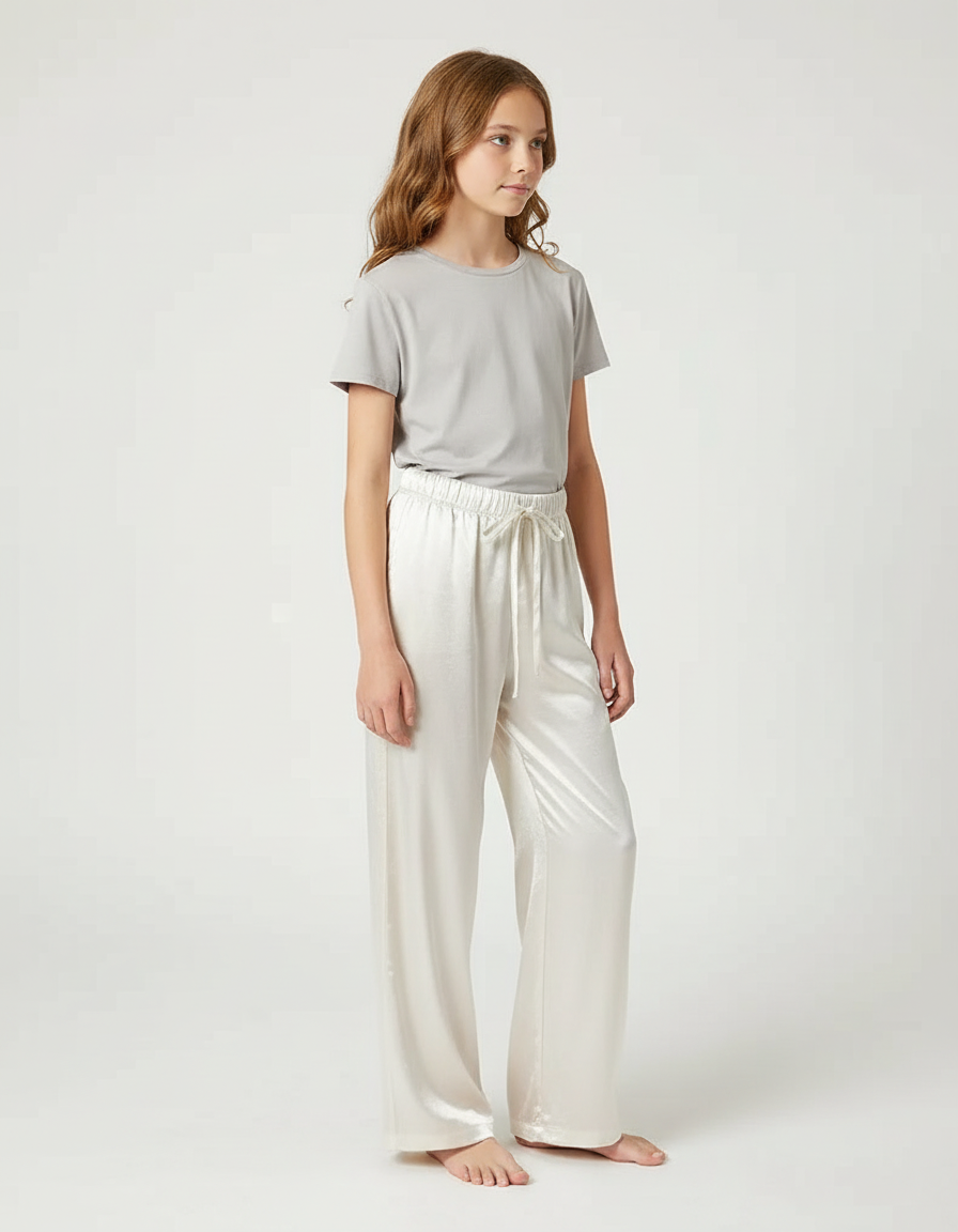 Pantalon Blanc Satiné Ample Fluide Cordon Fille