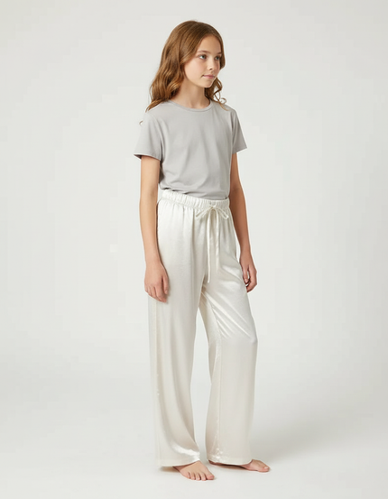 Pantalon Blanc Satiné Ample Fluide Cordon Fille